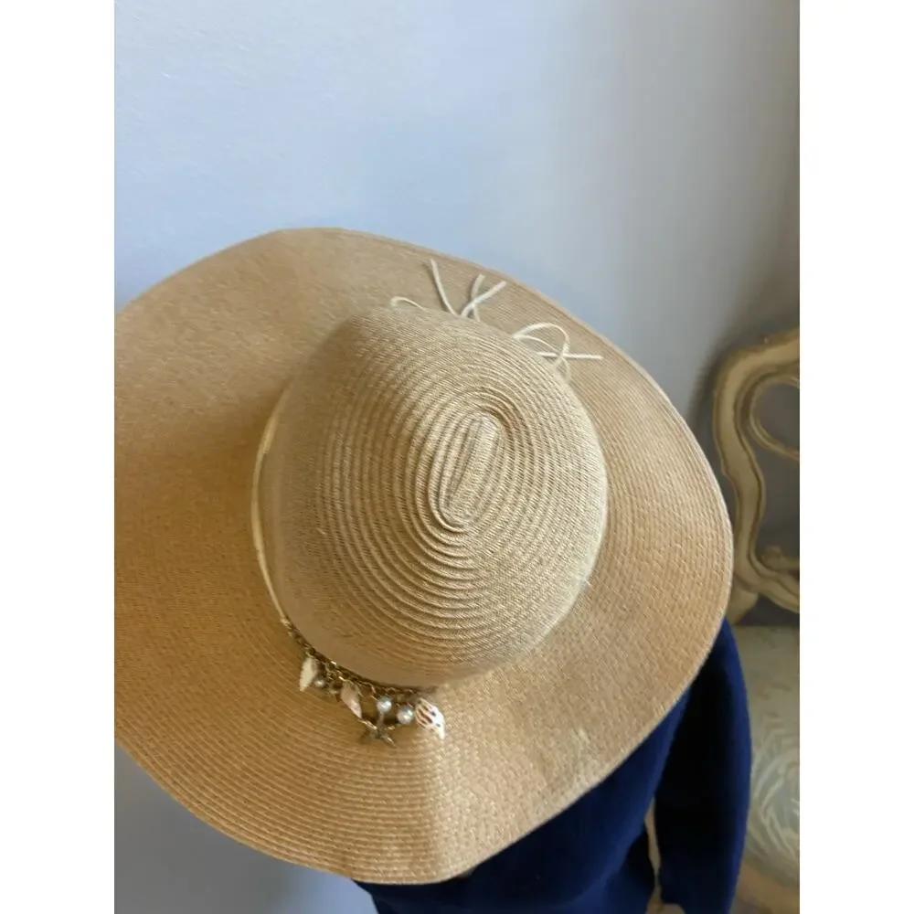 Coastal Grandma Sun 'N Sand Wide Brim Floppy Straw Hat Shell & Pearl Trim UPF 50